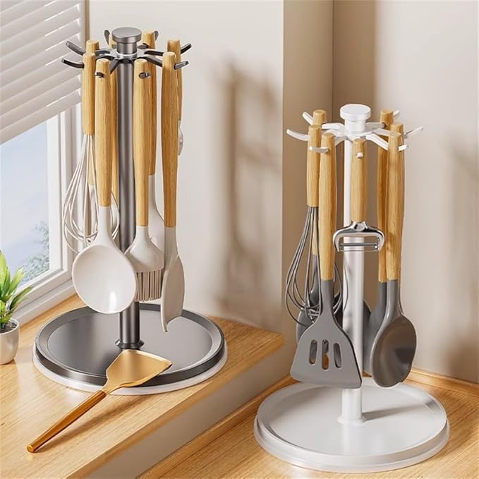 Rotatable Hanging Organizer with 8 Hooks for Kitchen Utensils, 360 Degree Swivel Countertop Holder for Cooking Tool Storage (White)