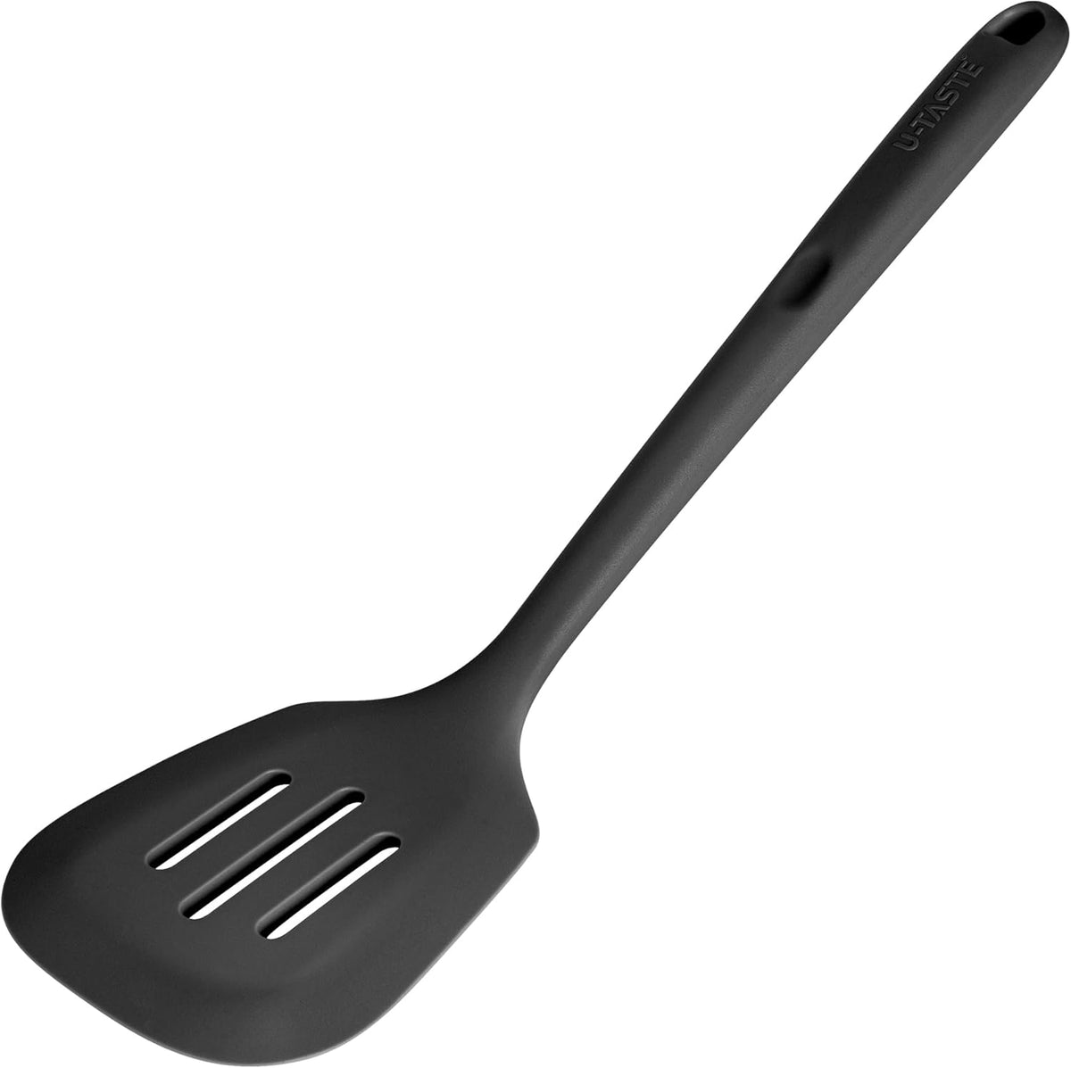 600ºF Heat Resistant Slotted Turner: U-Taste 13.6in Silicone Kitchen Spatula Flipper, 3.74in Wide Food Grade Flexible Thin Rubber Cooking Utensil for Egg, Pancake, Cookie in Nonstick Cookware (Black)