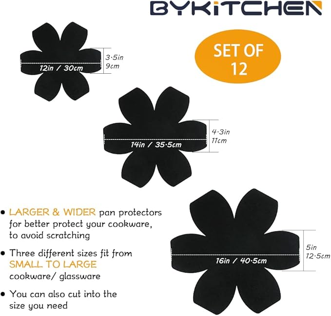 BYKITCHEN Larger & Thicker Pan Protectors, Set of 12 and 3 Different Sizes, Felt Pot Pan Separators, Pan Dividers Pads for Stacking and Protecting Your Cookware