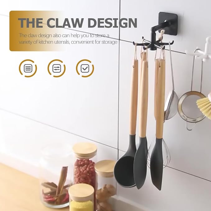 GLEAVI 4pcs 360-degree Rotatable Kitchen Utensil Hooks, Wall-Mounted Heavy Load Hanging Hooks for Kitchenware, Under Cabinet Sticky Holders in Black and White