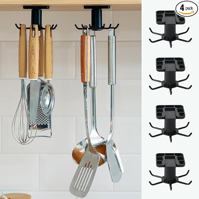 4 PCS Under Cabinet Kitchen Utensil Hooks 360° Rotation Adhesive Nail Free Hanging Rack for Kitchen Utensils, Tools, Towel, Knife (Black)