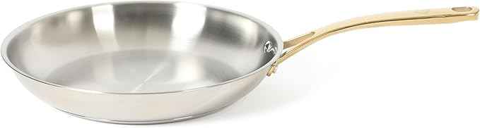 Martha Stewart Castelle 12-Inch Stainless Steel Frying Pan with Gold-Tone Handle – Tri-Ply Encapsulated Bottom, Oven Safe & Induction Safe Skillet for Searing and Sautéing