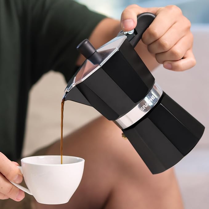 Sivaphe Aluminum Moka Pot 12 Espresso Cups, Percolator Espresso and Coffee Maker, Portable Stovetop Italian and Cuban Café Brewer for Home and Camping Black