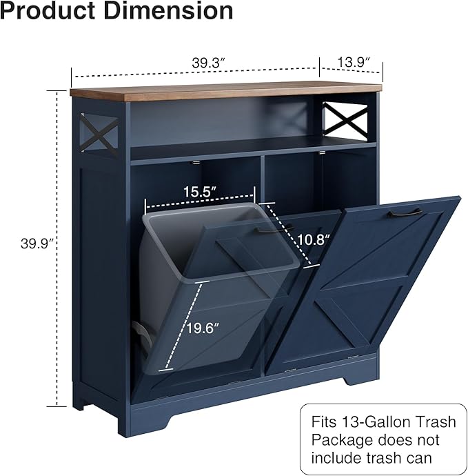 Double Tilt Out Trash Can Cabinet for 13 * 2 Gallon Trash Can, Farmhouse Kitchen Island Cabinet with Adjustable Shelf for Hidden Laundry Basket, Dog Proof Garbage Can for Dining Living Room, Blue