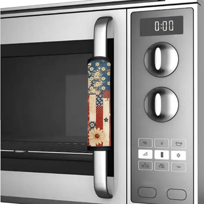 6 Pcs Refrigerator Microwave Door Handle Covers for Independence Day Decor Electrical Appliances Handle Protector for 4th of July, Fingerprints, Liquids, Retro American Flag Daisy