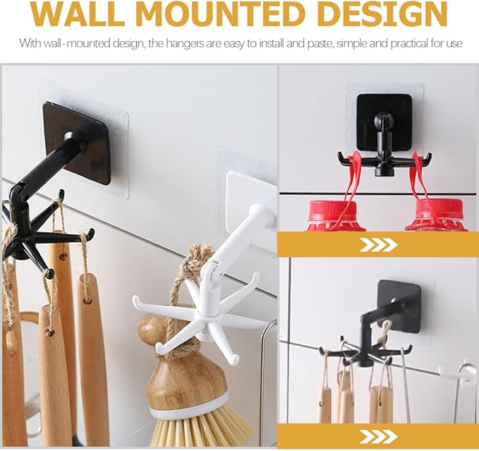 GLEAVI 4pcs 360-degree Rotatable Kitchen Utensil Hooks, Wall-Mounted Heavy Load Hanging Hooks for Kitchenware, Under Cabinet Sticky Holders in Black and White