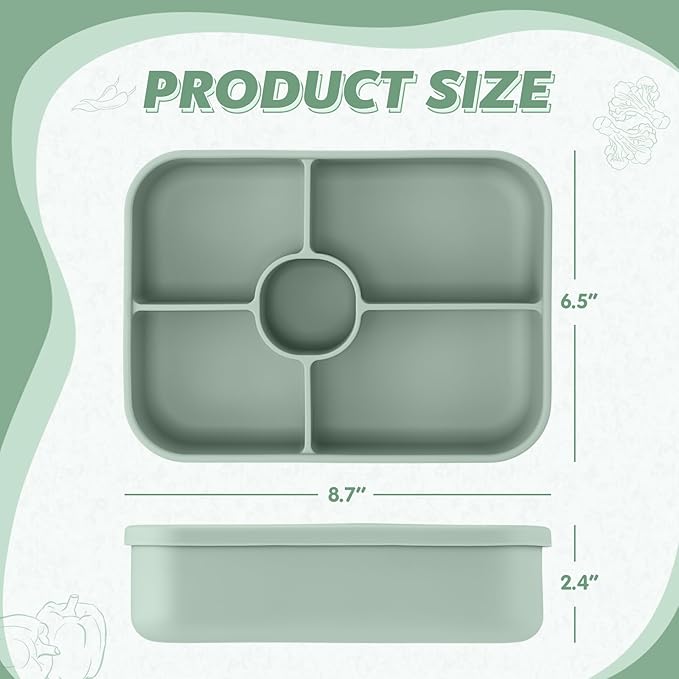 Jingmore 4 Pack Silicone Bento Boxes for Adults, 5 Compartment Reusable Lunch Containers with Sauce Section, Leakproof Meal Prep Snack Box Microwave & Dishwasher Safe for Office(Green)