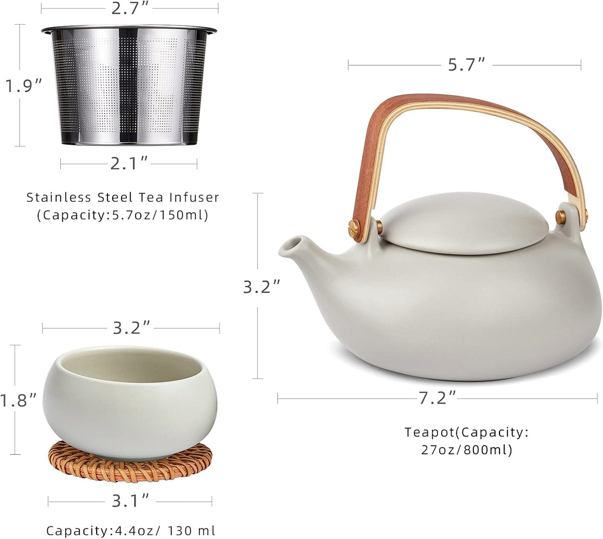 ZENS Vintage Japanese Tea Set, 27oz Ceramic Japanese Teapot with Infuser, Wood Handle Matte Gray Teapot with Strainers and 4 Cups for Tea Party, Women's Gift