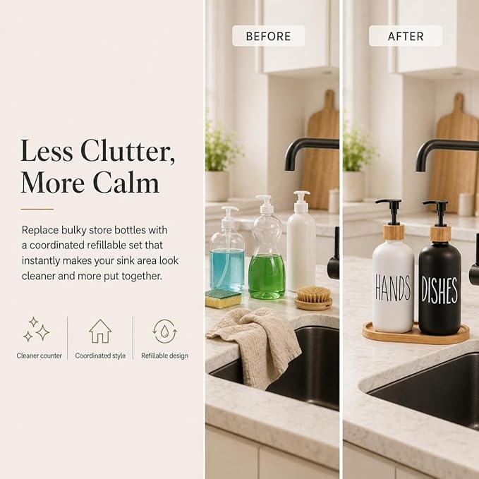 Glass Soap Dispenser for Kitchen Sink and Bathroom - Modern Farmhouse Decor, Hand Soap Dispenser for Kitchen Sink Decor