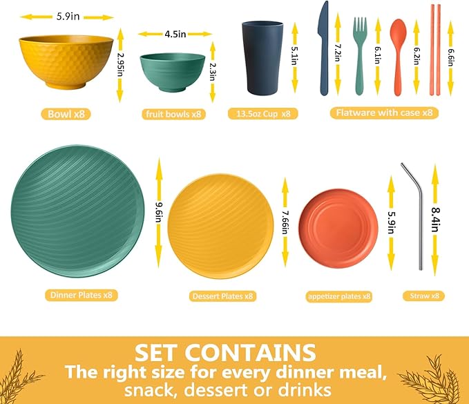Teivio 88-Piece Kitchen Plastic Wheat Straw Dinnerware Sets for 8, Dinner/Dessert/Tidbit Plate, Cereal/Fruit Bowls, Cups, Flatware,Dishwasher Safe, Colorful Unbreakable RV Dishes, Fall Multicolor