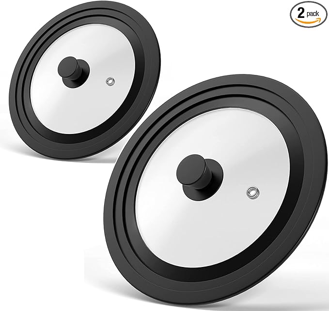 Universal Lids for Pots, Pans & Skillets - Fits 7", 8" & 9" Diameter, 10", 11" & 12" Diameter Cookware, Tempered Glass with High Heat Resistant Silicone Rim, Dishwasher Safe (2 Pack)