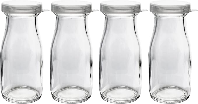 The Dairy Shoppe Glass Milk Bottle, Heavy Glass with Extra Lids, Creamery Style (4, Half Pint Decanter)