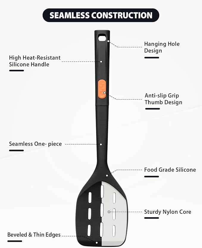 Silicone Spatulas and Spaghetti Spoons, 4 Pack Heat Resistant Full Silicone Cooking Utensils Set, Non Stick Large Kitchen Spatula Spoons for Cooking, Mixing, Serving, Draining