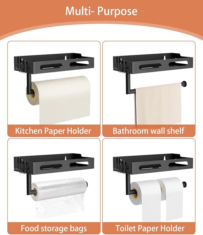 Paper Towel Holder Wall Mount for Kitchen, One-Handed Tear, Bathroom Paper Towel Holder with Shelf, RV Paper Towel Rack Wall Mount Paper Roll Holder with 4 Hooks, Matte Black