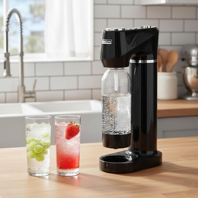 Home Sparkling Water Soda Maker with 2 BPA-Free Bottles (1L + 0.5L) - Carbonated Water Seltzer Fizzy Drink Machine, Compatible with Screw-In 60L CO2 Carbonator (Not Included), Black