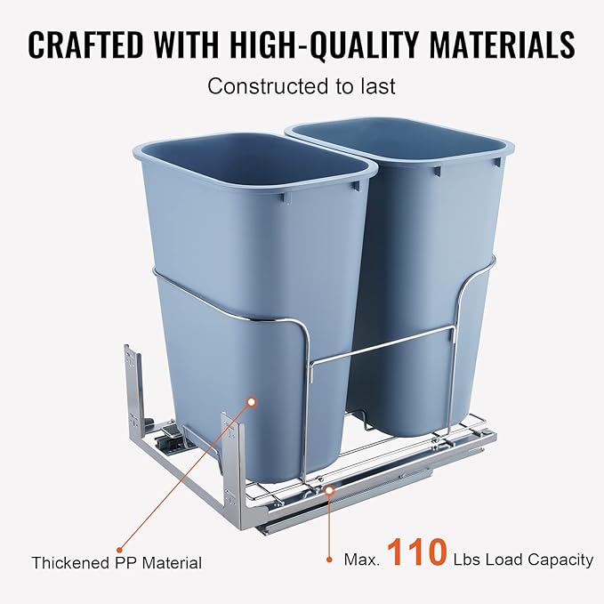 VEVOR Pull-Out Trash Can, 35L Double Bins, Under Mount Kitchen Waste Container with Soft-Close Slide and Door Mounting Kit, 110 lbs Load Capacity Heavy Duty Garbage Recycling Bin for Kitchen Cabinet