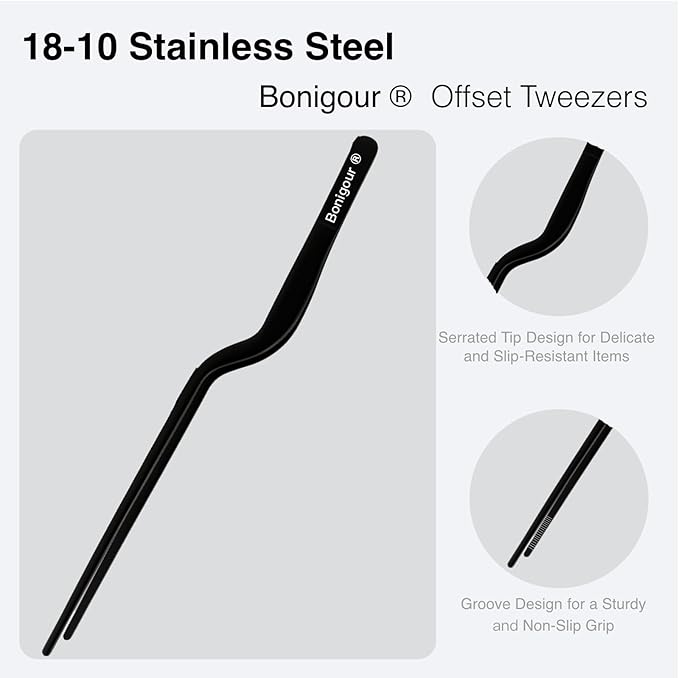 8 Inch Precision Offset Tweezers, Kitchen Culinary Stainless Steel Tongs, Curved Kitchen Cooking Multi-function Chef Precision Tweezer Tongs for Plating, Food Decorating and ect (Black)