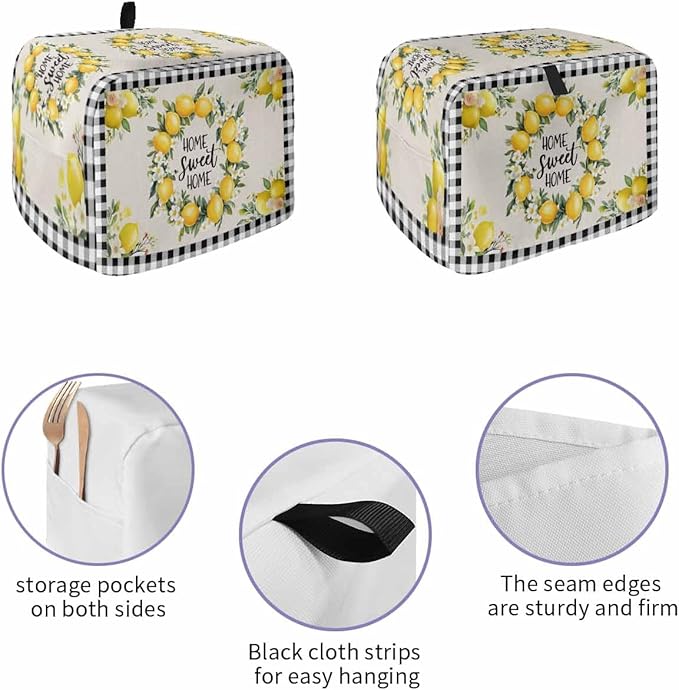 Summer Lemon Toaster Cover 2 Slice, Farmhouse Black Check Dustproof Bakeware Oven Protector with Top Hook, Plaid Vintage Waterproof Small Kitchen Appliance Toasters Dust Cover, 11"x6"x8"
