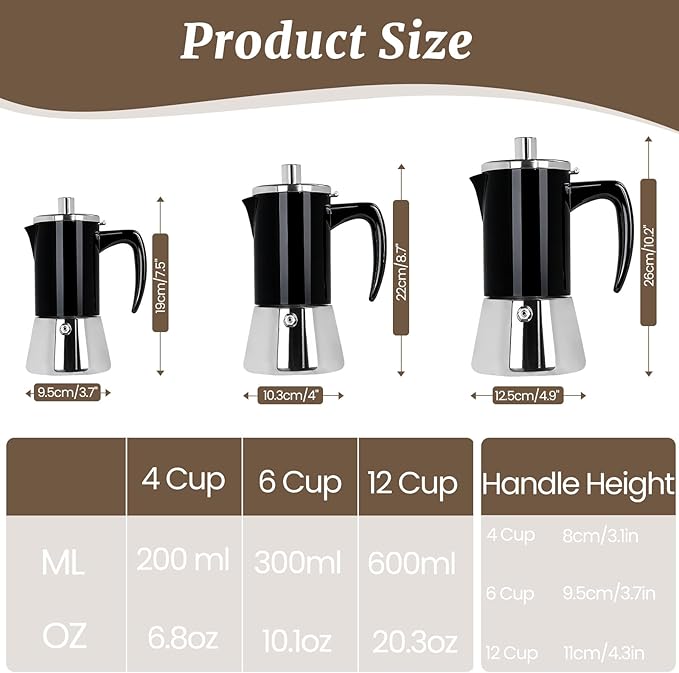 6 Cup Thickened Moka Pot 304 Stainless Steel 300ml Italian Espresso Coffee Maker Stovetop CoffeeMakers Mocha Pot Percolator for Induction Stove Classic Cafe Makers Portable for Easy Brewing