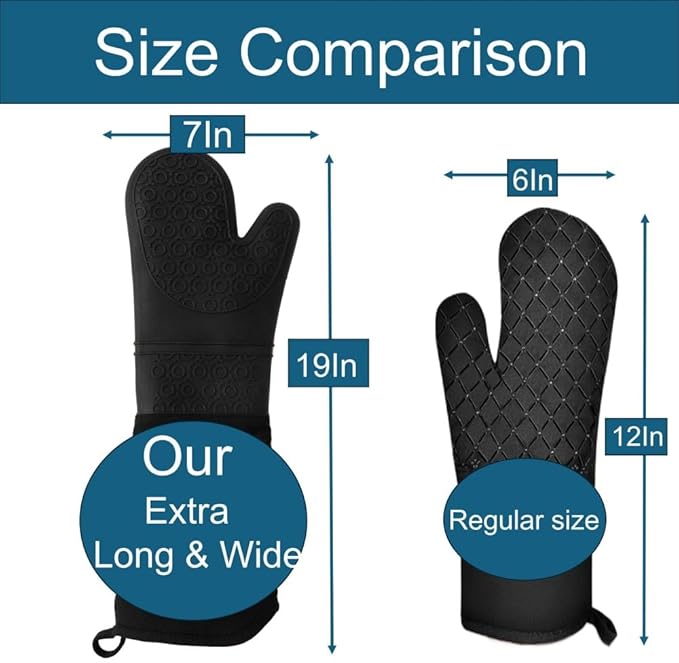 Extra Long High Temp Oven Mitts - 2pcs Commercial, Heavy Duty Non-Slip Grip Mitts - Silicone Heat Resistant Up to 500 Degrees, Ideal for Cooking, Baking & Frying, Black