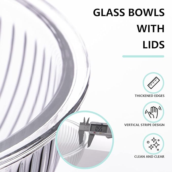 Luvan Glass Mixing Bowls with Lids Set(3.7QT, 2.1QT, 1.1QT),3PC Glass Nesting Bowl, Large Salad Bowls Sets with lids,Clear Cooking Bowl for Kitchen Prep,Food Storage,Baking,Microwave and Oven Safe