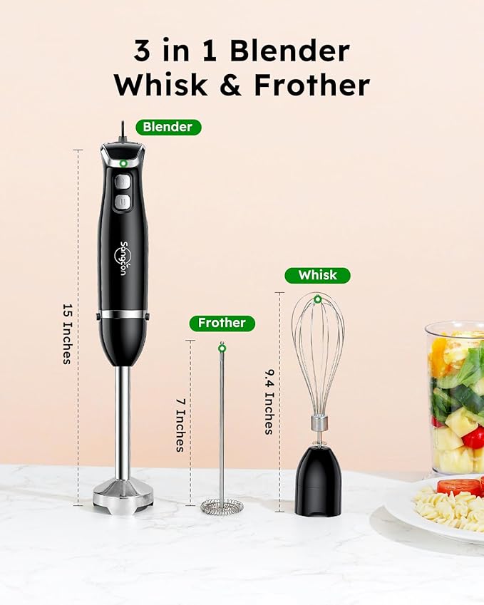 Sangcon Immersion Blender Handheld, 3-in-1 Hand Blender Electric, 400W Handheld Licuadora de mano, Stainless Steel Blade Stick Mixer with Whisk, Milk Frother Attachments - Black