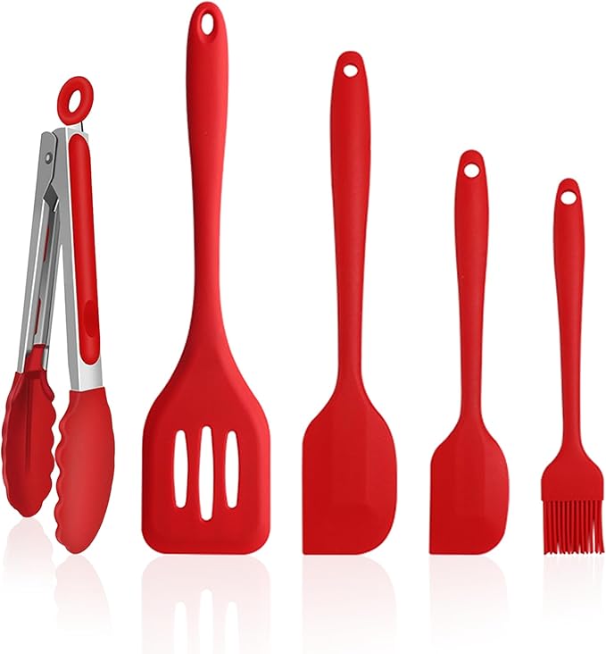 NileHome 4 Pack Silicone Spatula and Grilling Tongs Kitchen Utensils with Silicone Brush Heat Resistant BPA-free Rubber Spatula for Scraping, Baking, Cooking, Mixing-Red