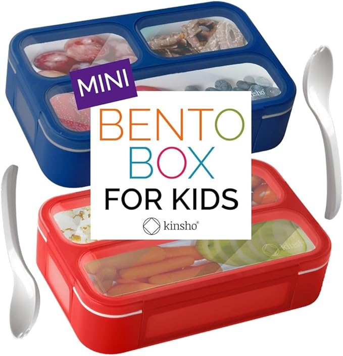 Small Snack Containers for Kids Toddlers - 3 Compartments (Set of 2) - Leak-Proof Boxes with Lids - BPA-Free Plastic Mini Bento Lunch Box - Ideal for School & Daycare, Holds 2 Cups (Red + Navy Blue)