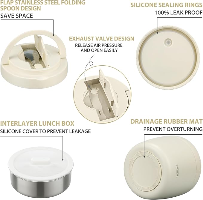 wiwens Thermo Food Jar for Hot Food Adults 32OZ Soup Thermo Lunch Containers Wide Mouth Vacuum Insulated Stainless Steel Leakproof Bento Box with Spoon (Beige)