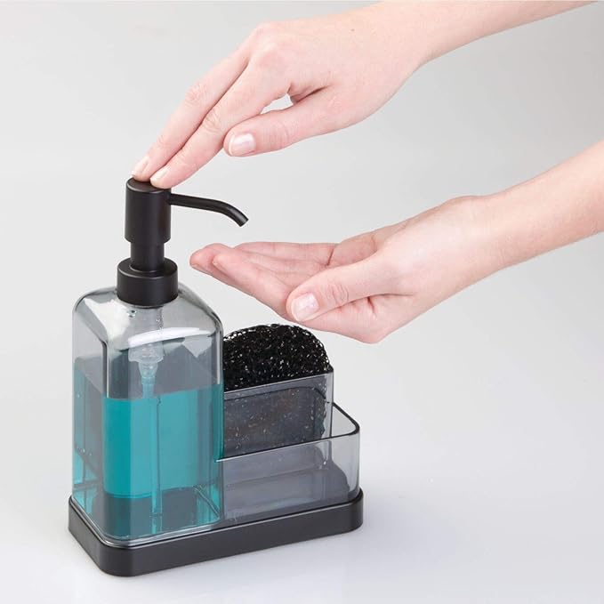 mDesign Soap Dispenser Pump with Sponge and Scrubber Organizer for Kitchen Countertops - Graphite/Matte Black