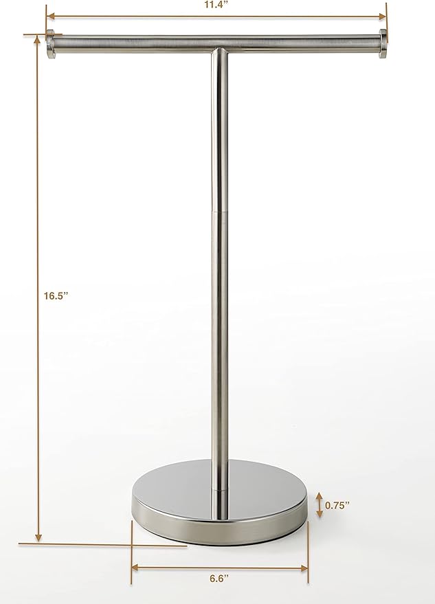 SunnyPoint Countertop Hand Towel Holder Stand – 16.5" Tall Stainless Steel T-Bar Rack with Weighted Base, Brushed Satin Nickel Finish – Jewelry Holder for Bathroom, Vanity, or Kitchen
