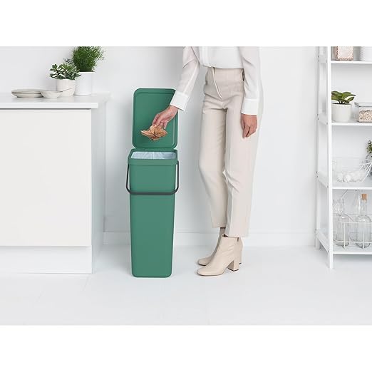 Brabantia Sort & Go Kitchen Recycling Bin | L / 10.6 Gal / 40L | Fir Green | Removable Stay-Open Lid, Carry Handle | Trash Can for Bottles, Cans, Paper, Glass | Wall Bracket Sold Separately