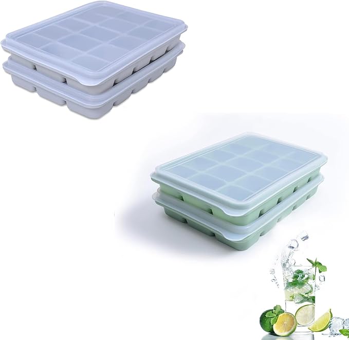 Ice Cube Trays Set of 4 (Green & Gray) - 15 Flexible Silicone Molds with Removable Lids, Easy Release, Stackable, BPA-Free for Whiskey and Baby Food