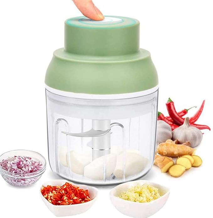 Electric Mini Garlic Chopper, USB Charging Cordless Food Processor, Mini Portable Veggie Chopper for Ginger, Chili, Fruit, Meat, Garlic Grinder Masher with 3 Blades(Green)
