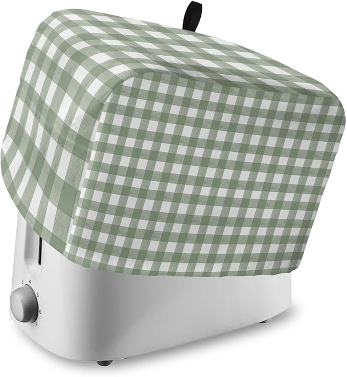 Sage Green Buffalo Plaid Toaster Cover 4 Slice, Large Kitchen Appliance Cover, Farmhouse Green White Checkered With Loop, Bread Machine Polyester Dust Protection