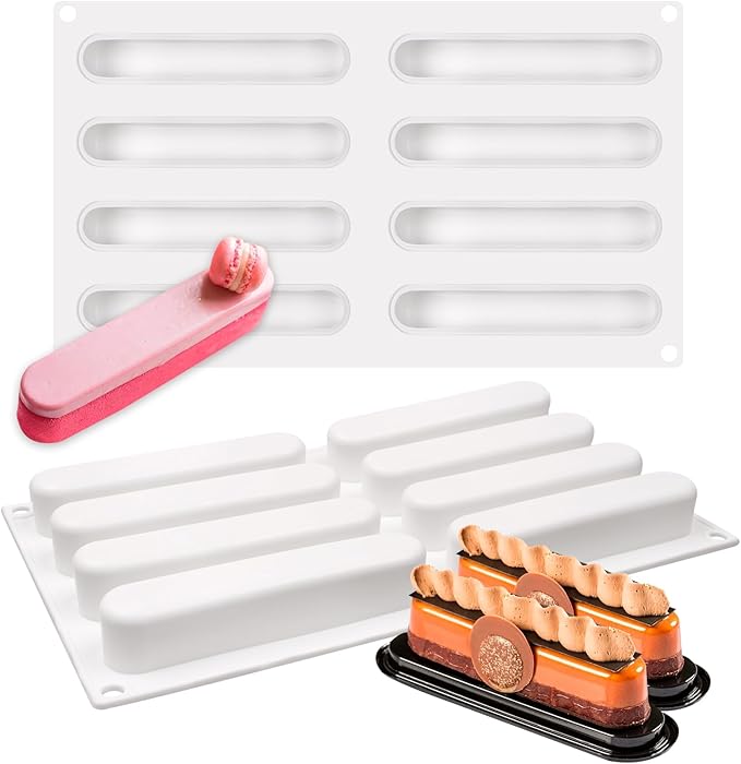 Ellipse Puff Silicone Molds, 3D Silicone Pastry Molds, Eclair Mousse Cake Baking Mold for Cake Decoration Candy Chocolate Truffle French Dessert Jelly Pudding (8-Cavity)