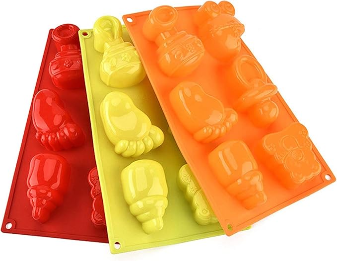 Joyeee 1Pcs Baby Shower Theme Silicone Mold, Little Feet Bear Baby Carriages Baby Pacifier Fondant Mold for Sugarcraft, Cupcake, Ice Cube, Pastry, Polymer Clay, Soap, Wax Melt Making, Cake Decoration