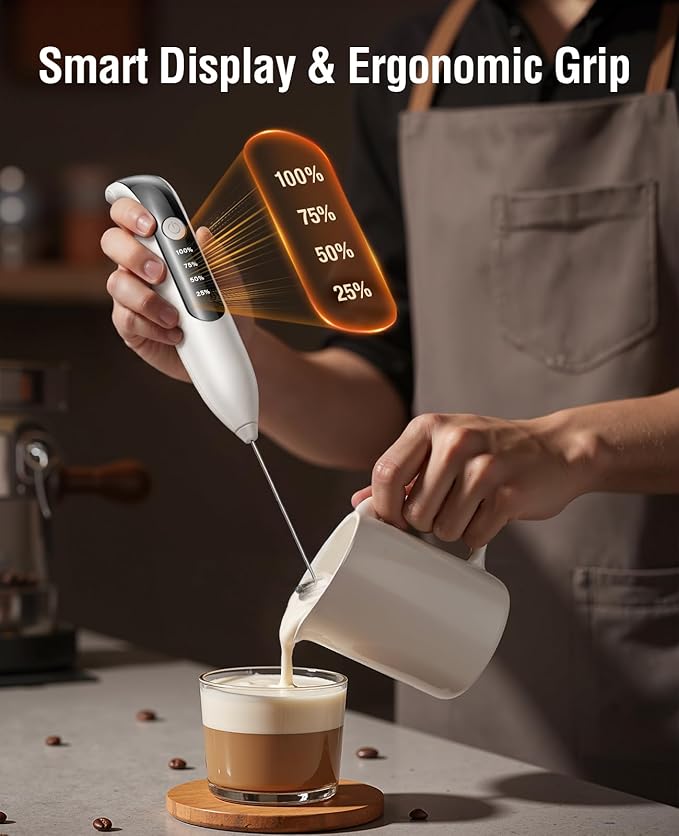 Dynooper 3 in 1 - Electric Whisk Milk Foamer, Electric Whisk Foam Maker for Coffee, Lattes, Cappuccino, Matcha, Hot Chocolate & Creamer - Ceramic White