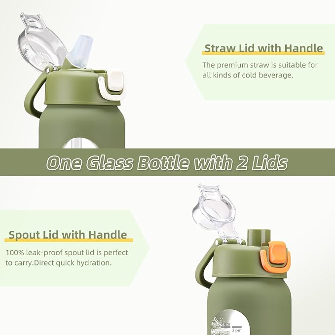 chunmo 32 oz Glass Water Bottles with 2 Lids-Handle Spout Lid & Straw Lid, 1 Liter Motivational Borosilicate Water Bottle with Time Marker and Silicone Sleeve,Leakproof-Army Green-1 Pack