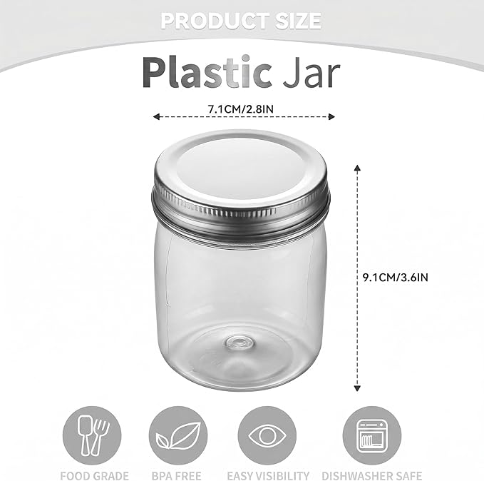 novelinks 8 oz Clear Plastic Jars with Airtight Lids, 16 Pack Plastic Mason Jars with Lids 8oz, Refillable Storage Slime Containers & Small Spice Jar for Kitchen Organization (16 Pack,Silver)