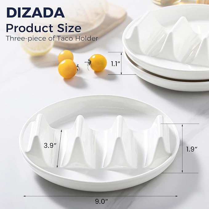 Dizada Taco Holders Set of 3-9" Porcelain Taco Plates with Dividers, Ceramic Taco Stand for Hard Soft Shells, Reusable Taco Serving Tray, Dishwasher Microwave Safe