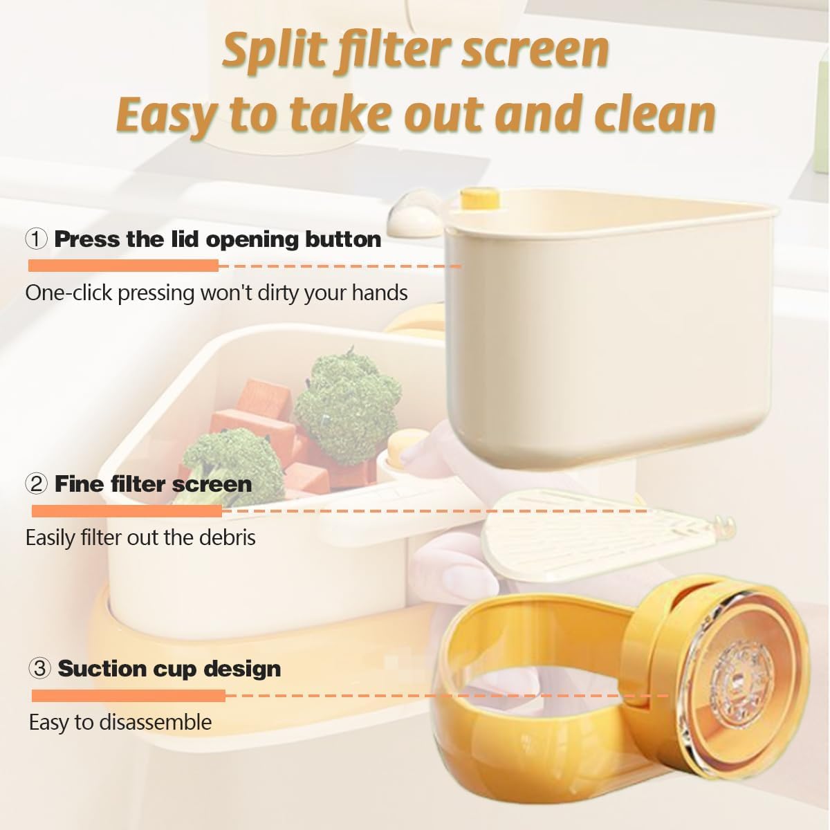 Suction Cup Sink Corner Rack, 2025 Upgraded Self-Cleaning Sink Strainer Basket, Removable Food Waste Catcher with Drain Hole, Say Goodbye to Gross Food Scraps and Smelly Sinks (2*Yellow)