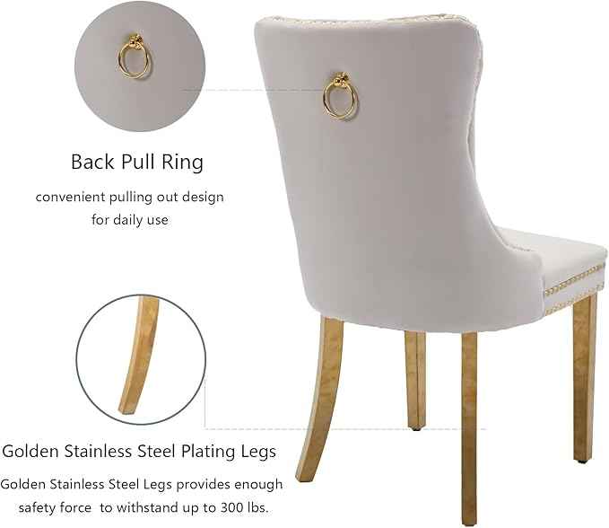 Beige Velvet Dining Chairs Set of 4, Upholstered Dining Room Chairs with Back Ring Pull Trim and Golden Stainless Steel Legs,Modern Kitchen Chairs for Dining Room,Living Room,Kitchen(Beige)