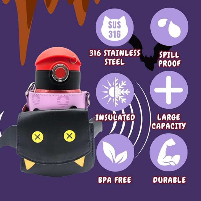Cocosmile Bat Kids Water Bottle - Easy Open Button & Carrying Lanyard with Zipper Pouch - Kids Water Bottles for School Boys Girls, Stainless-Steel Thermal Water Bottle, BPA Free (Without Straw)
