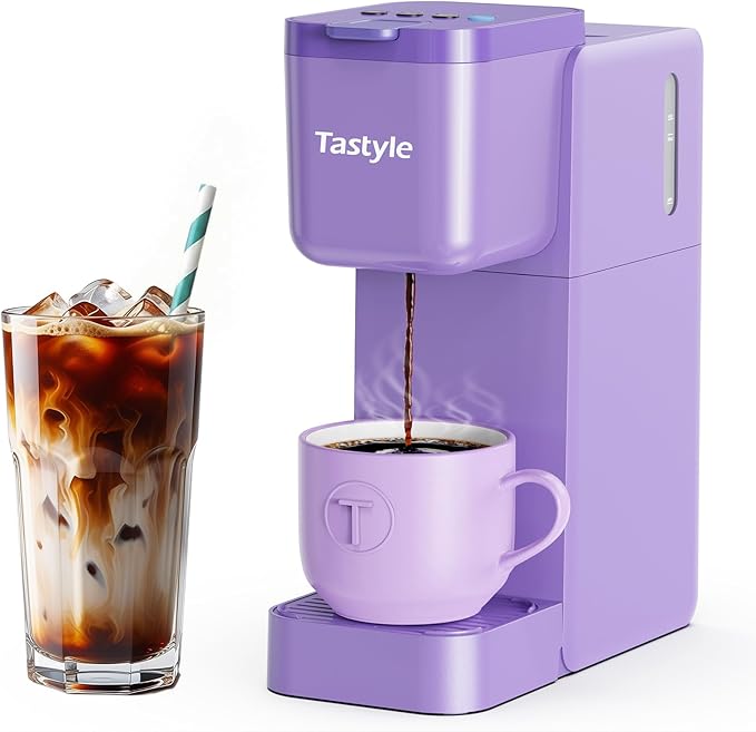 Tastyle Single Serve Coffee Maker Hot and Iced with Bold Brew, Small Coffee Machine for K Cup and Ground, Fits 7.3'' Travel Mug, Brews up to 16 Oz, 5 Cup Sizes, Compact for Office, RV& Hotel, Lavender