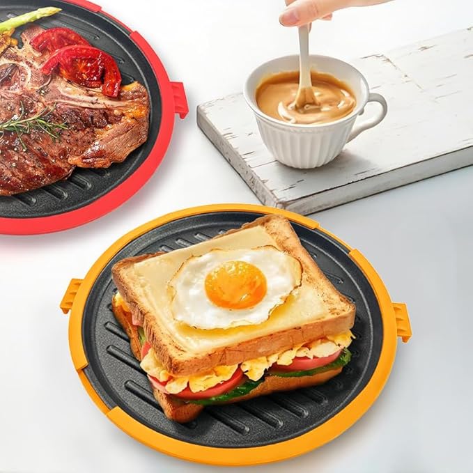 9.5inch 5-in-1 Microwave Grill Pan,Grilled Cheese,Large Toastie Sandwich Maker,Pizza Crisper,Crispy Bacon& Toaster, Non-stick Griddle,Easy to Cook &Clean,Dishwasher Safe,School Dorm/Home/Office
