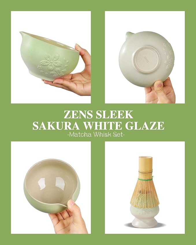 ZENS Matcha Whisk Set, Ceramic Matcha Tea Set with 15oz Sakura Bowl and Bamboo Whisk & Scoop, (Chasen Holder), Stainless Sifter-Tea Towel, 6pcs Matcha Kit for Matcha Lovers, Green