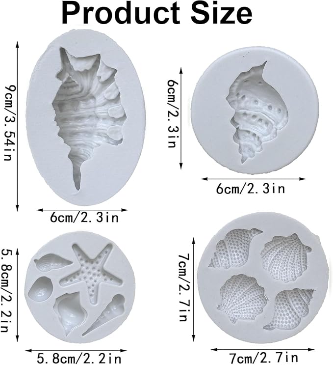 4 PCS Marine Theme Cake Fondant Silicone Mold Seashell Conch Starfish Baking Molds for DIY Cake Decoration Chocolate Candy Polymer Clay Crafting Projects