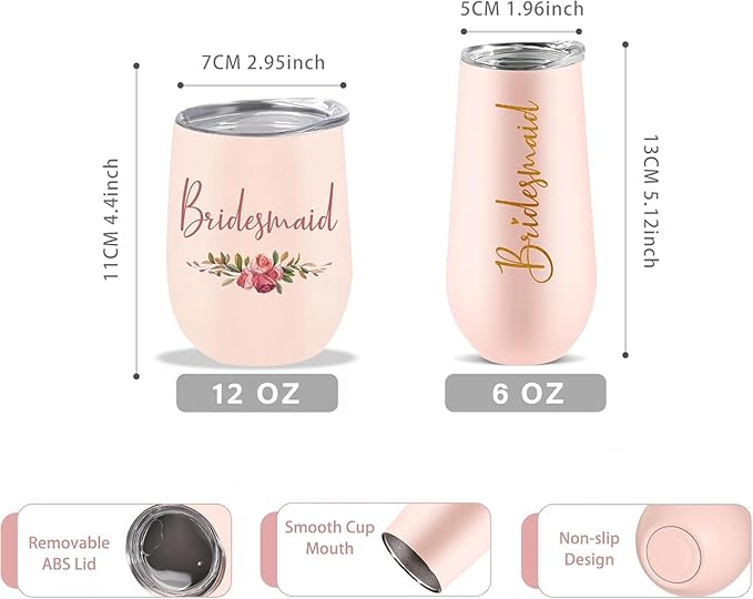 CARAKNOTS Maid of Honor Gifts Wedding Tumbler Bridesmaid Proposal Gifts Maid of Honor Wine Tumbler for Engagement Bachelorette Party Pink Stainless Steel Tumblers with Lid and Straw 12 oz