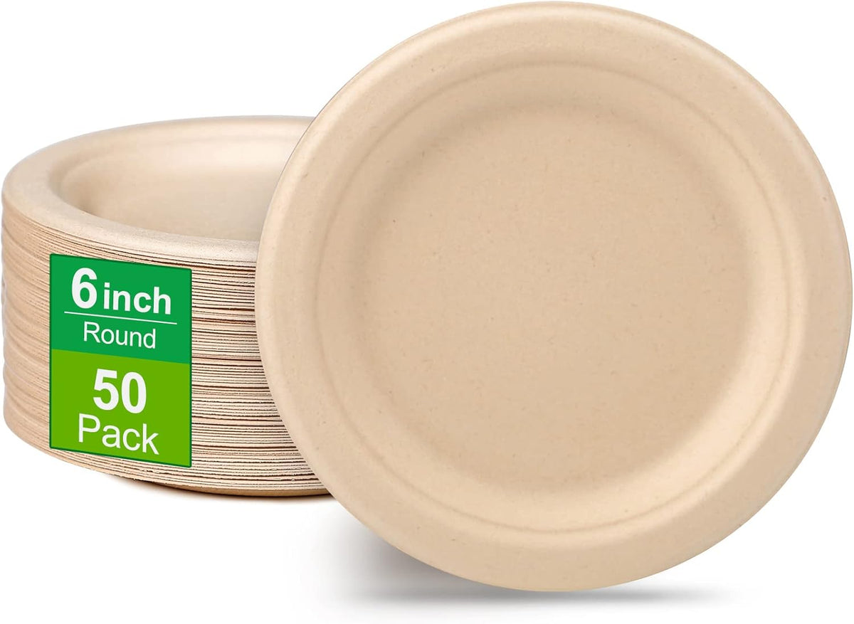 Eco Friendly Small Paper Plates - 6 Inch, 50 Pack, Compostable, Made of Sugarcane Fibers, Brown, Dessert Plates